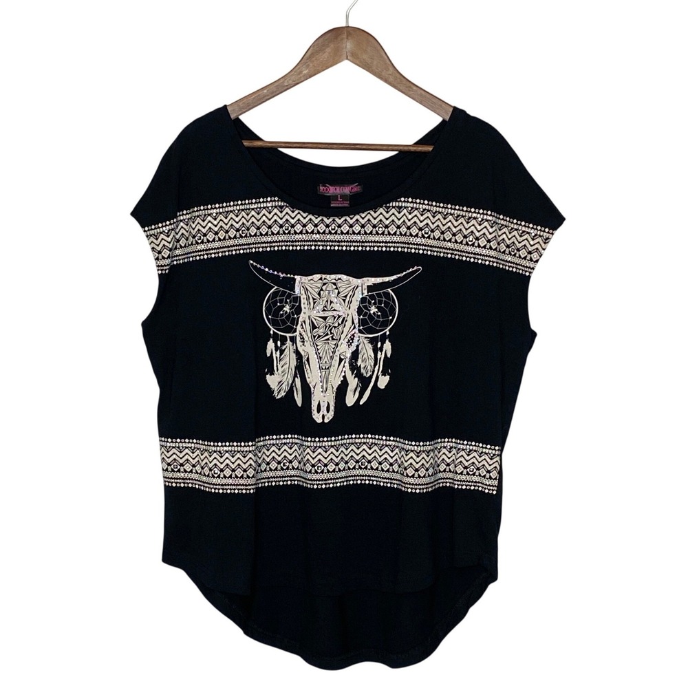 Rock & Roll Cowgirl Womens Top Size L Steer Skull Bling Western Rodeo Festival